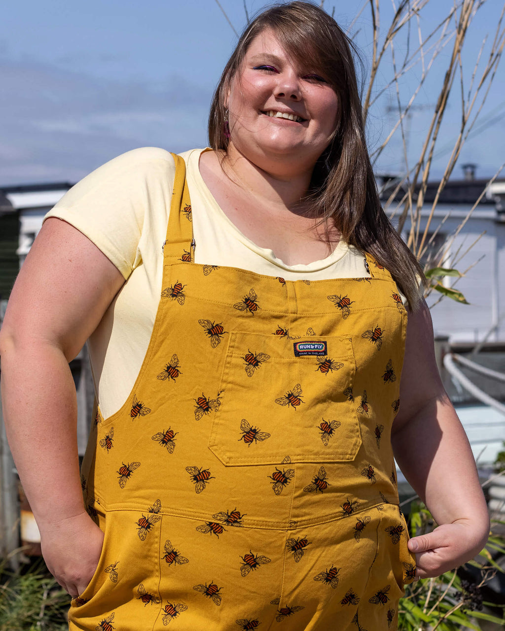 Gold Bee Print Dungarees in Twill Cotton by Run and Fly