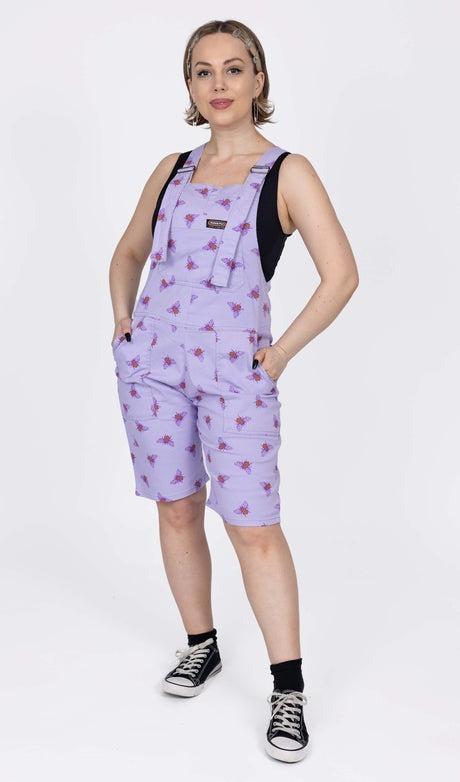Lavender Bee Print Shorts Dungarees in Twill Cotton by Run and Fly