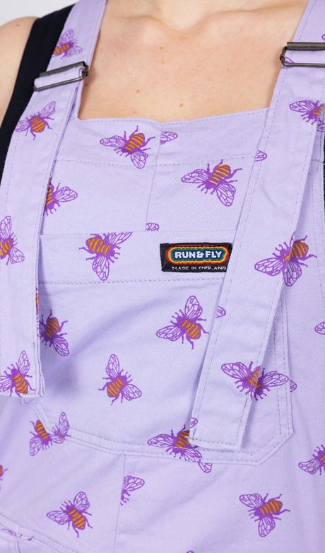 Lavender Bee Print Shorts Dungarees in Twill Cotton by Run and Fly