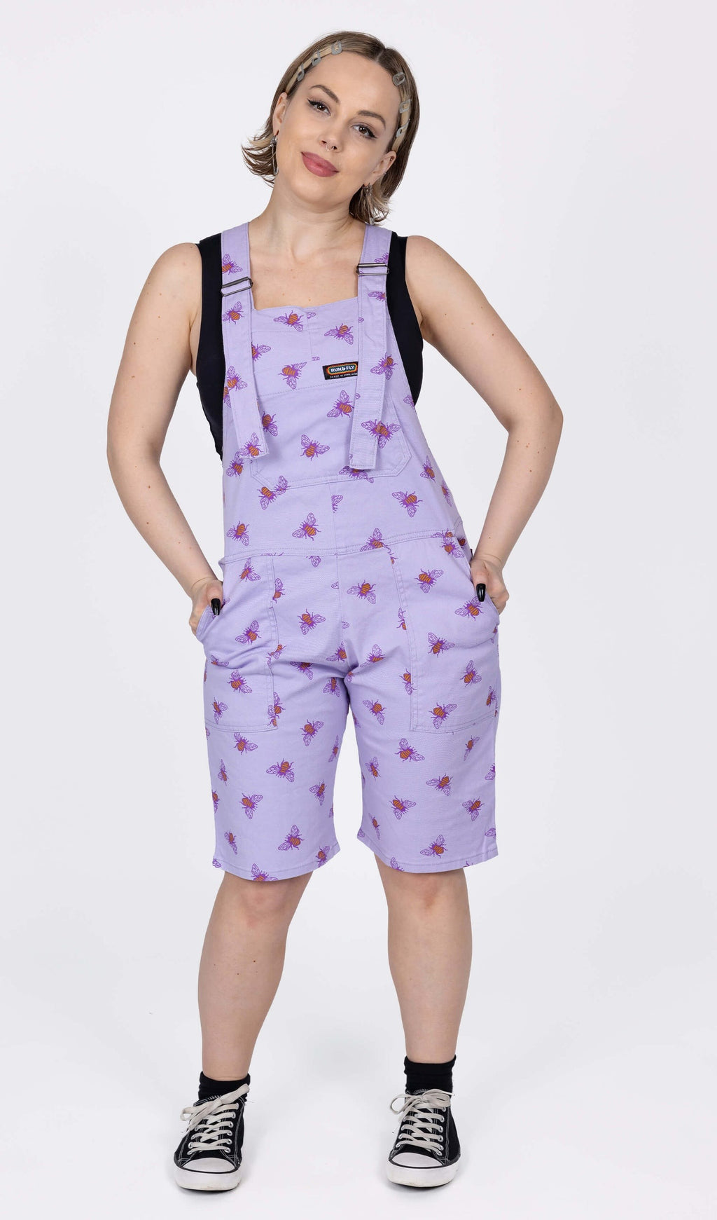 Lavender Bee Print Shorts Dungarees in Twill Cotton by Run and Fly