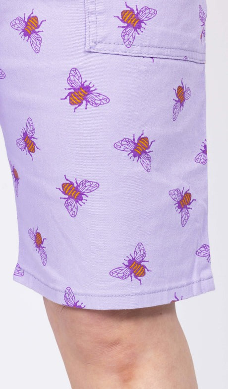 Lavender Bee Print Shorts Dungarees in Twill Cotton by Run and Fly