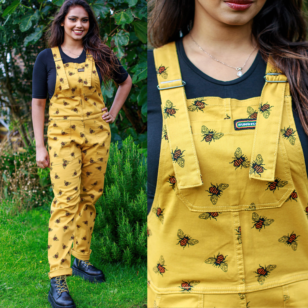 Gold Bee Print Dungarees in Twill Cotton by Run and Fly