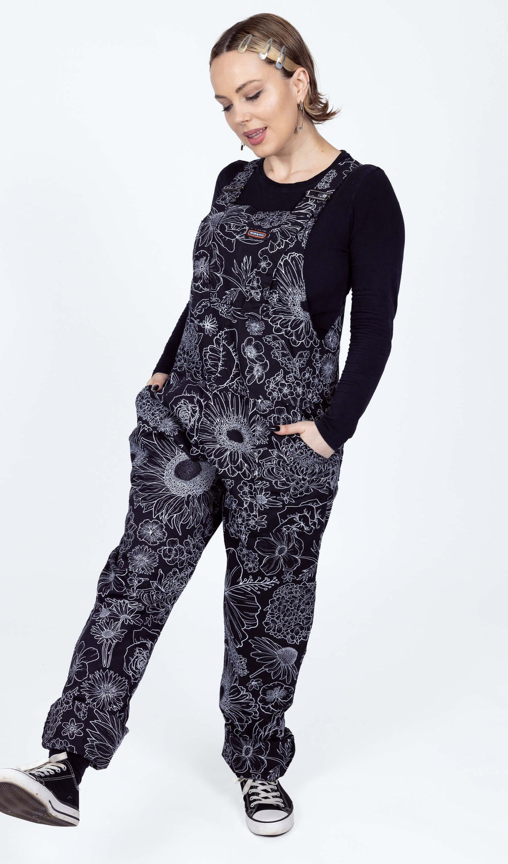 Black and White Floral Stretch Twill Cotton Dungarees by Run and Fly