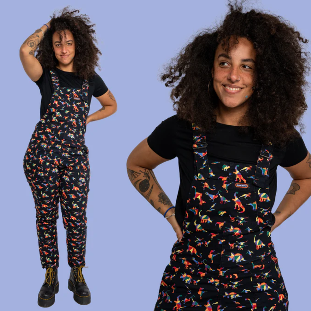 Black Rainbow Dinosaur Stretch Twill Dungarees by Run and Fly