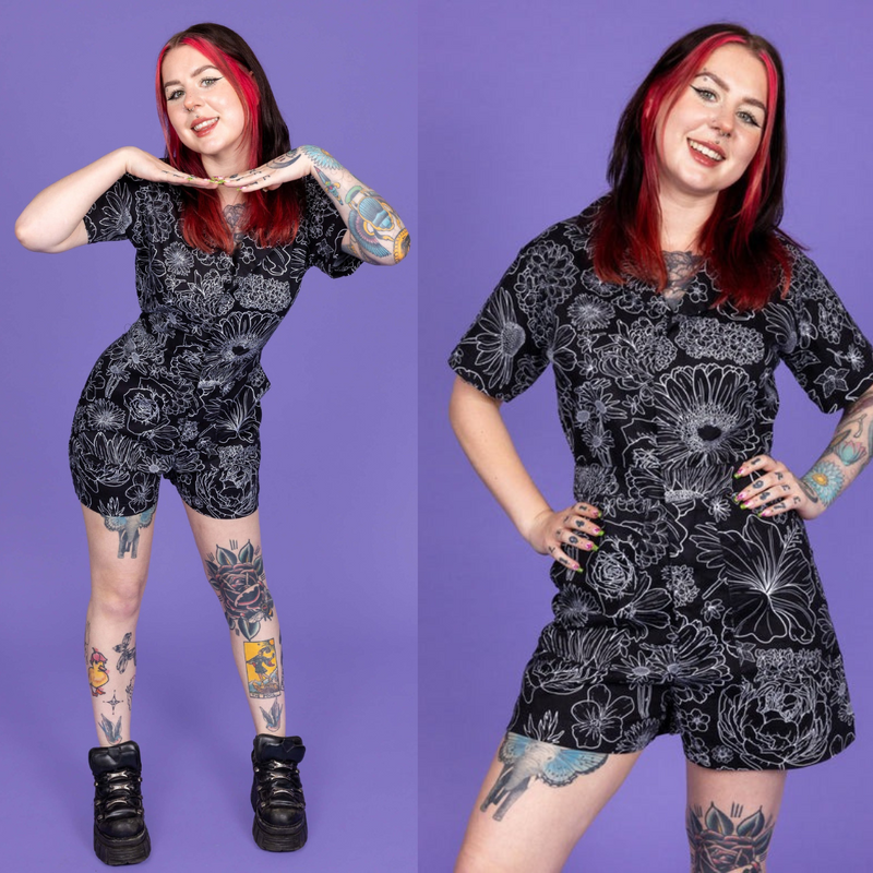 Black and White Floral Print Playsuit by Run and Fly