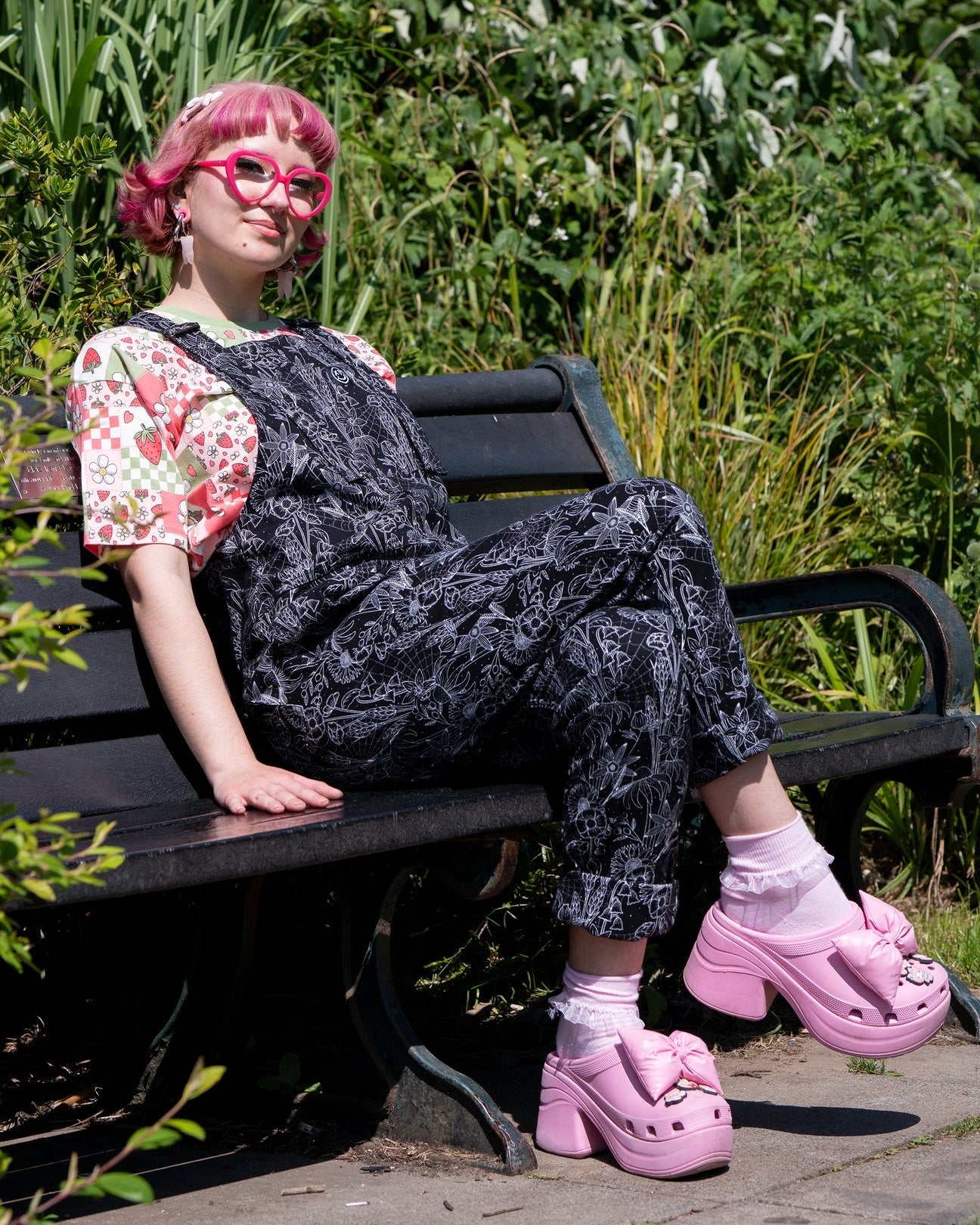 Black Floral Cobweb Print Stretch Cotton Dungarees by Rebel Romance