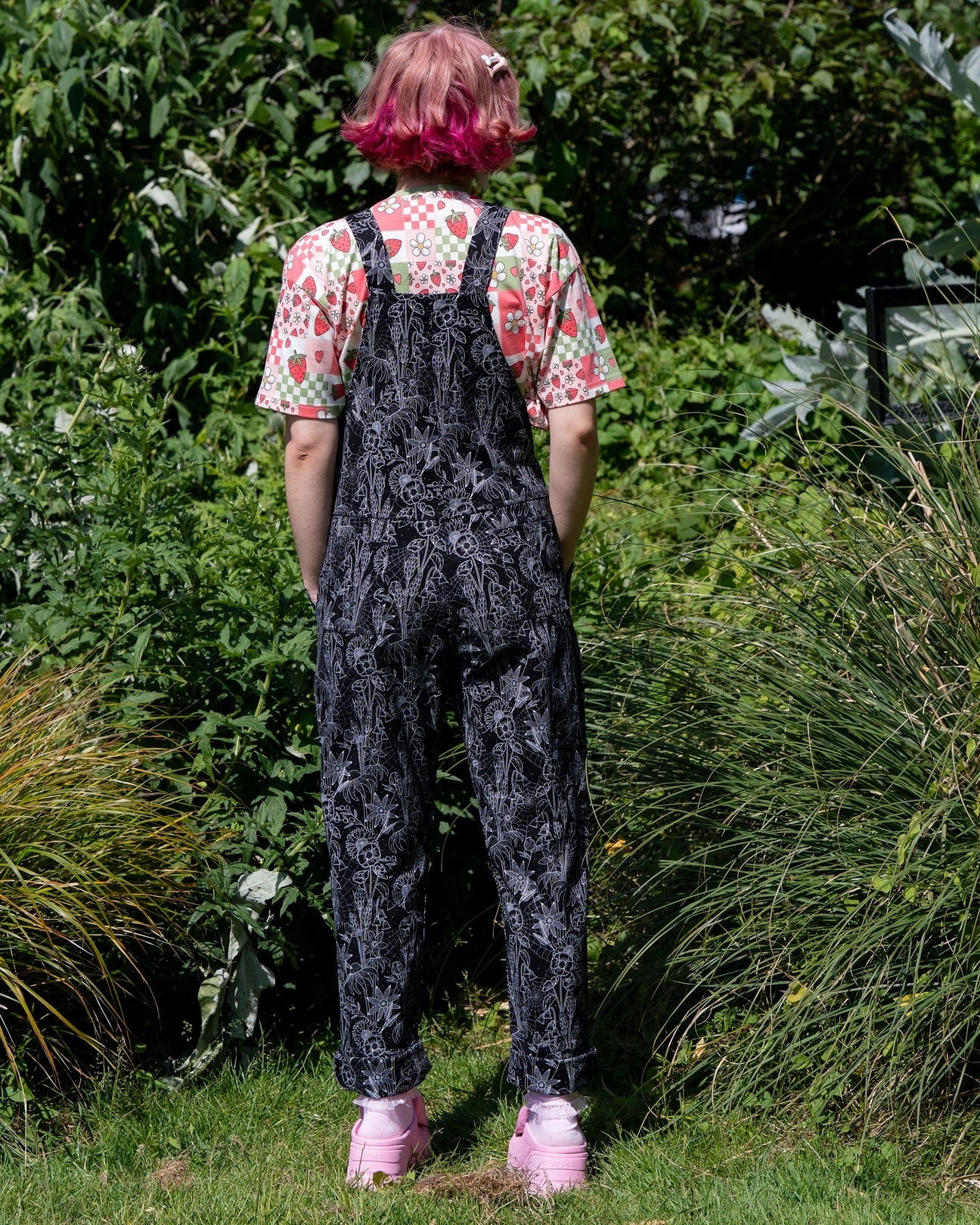 Black Floral Cobweb Print Stretch Cotton Dungarees by Rebel Romance