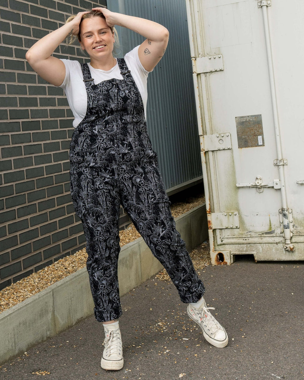 Black Floral Cobweb Print Stretch Cotton Dungarees by Rebel Romance