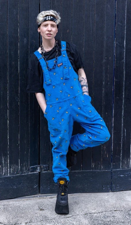 Blue Bee Print Stretch Corduroy Dungarees by Run and Fly