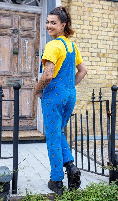 Blue Bee Print Stretch Corduroy Dungarees by Run and Fly