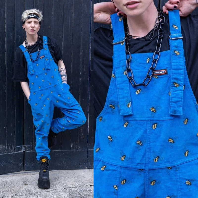 Blue Bee Print Stretch Corduroy Dungarees by Run and Fly
