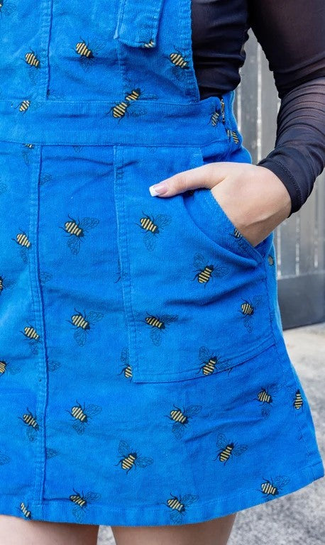 Blue Stretch Cord Bee Print Dungaree Pinafore Dress by Run and Fly