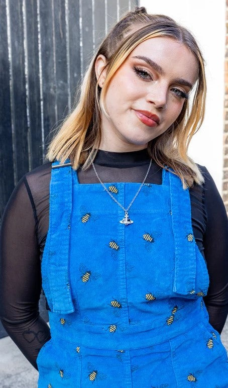 Blue Stretch Cord Bee Print Dungaree Pinafore Dress by Run and Fly