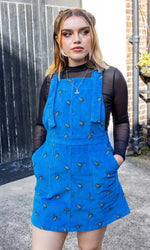 Blue Stretch Cord Bee Print Dungaree Pinafore Dress by Run and Fly