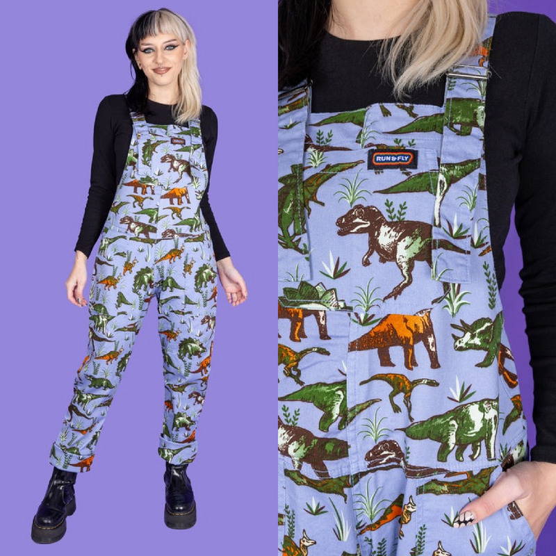 Blue Adventure Dinosaur Stretch Twill Cotton Dungarees by Run and Fly