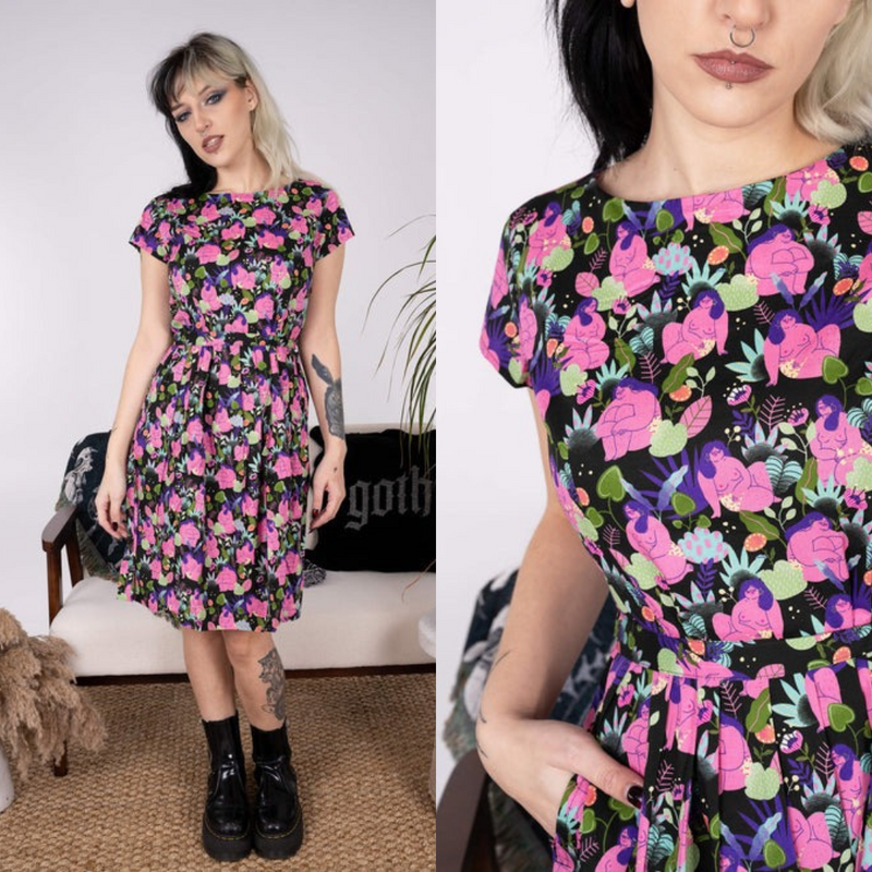 Bodies Print Cotton Tea Dress with Pockets by Run and Fly
