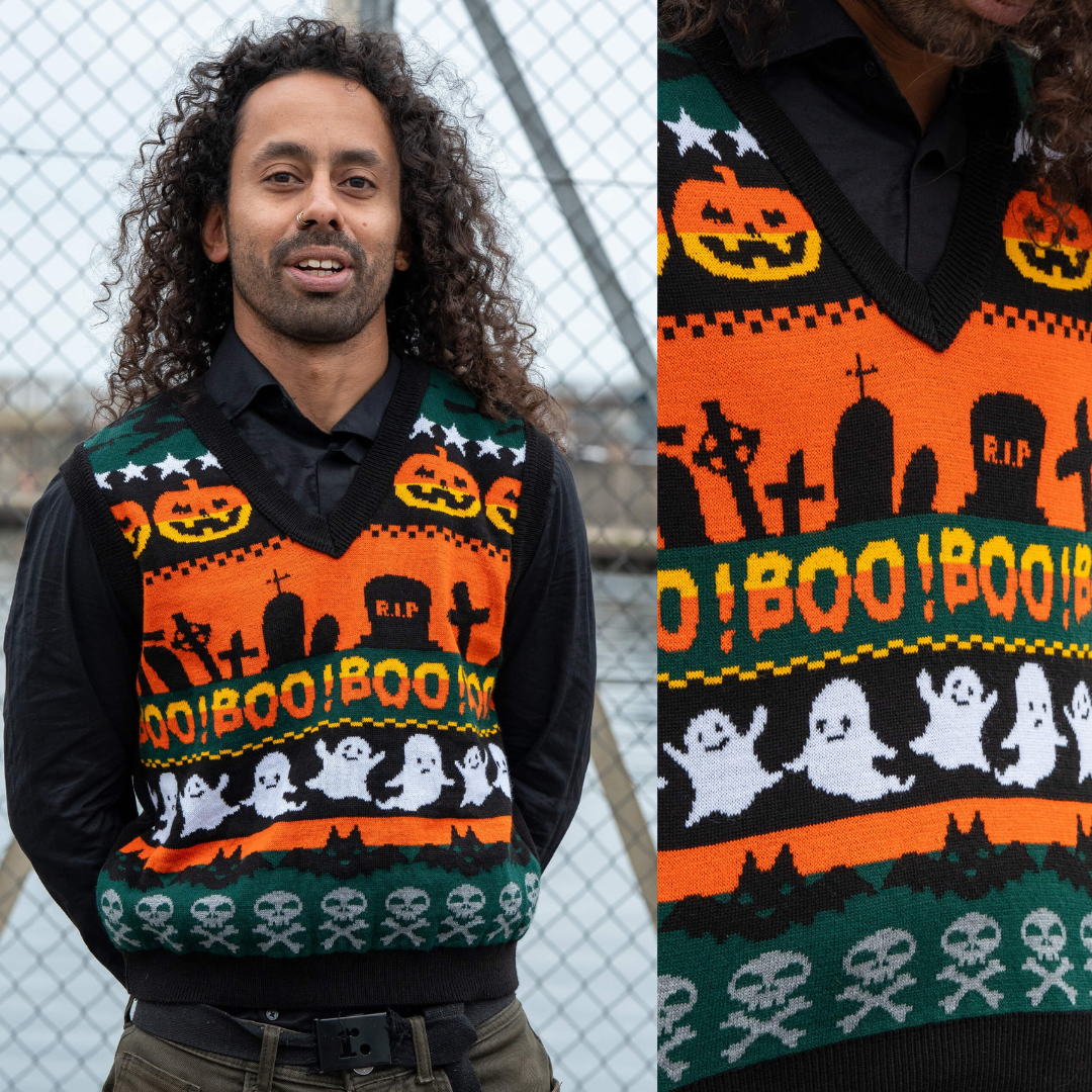 Boo! Spooky V Neck Tank Top Sweater Vest by Run and Fly