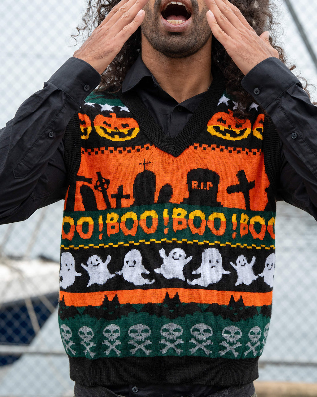 Boo! Spooky V Neck Tank Top Sweater Vest by Run and Fly