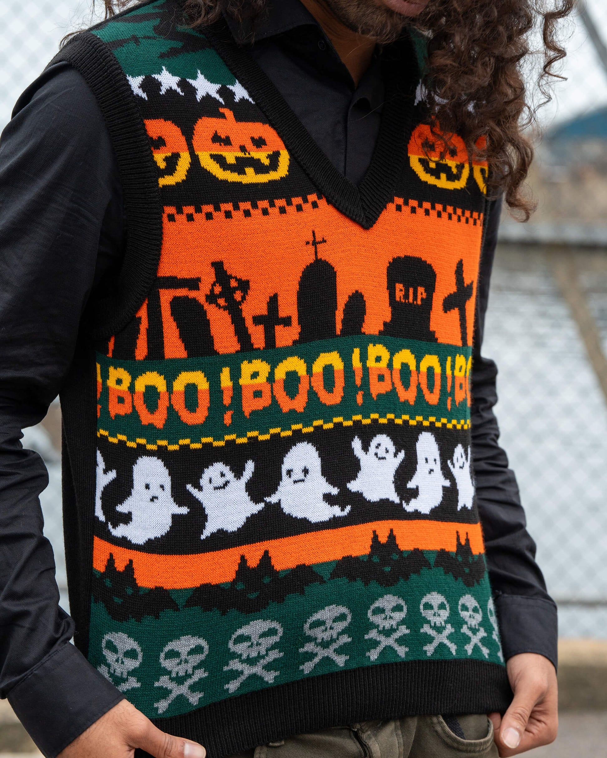 Boo! Spooky V Neck Tank Top Sweater Vest by Run and Fly
