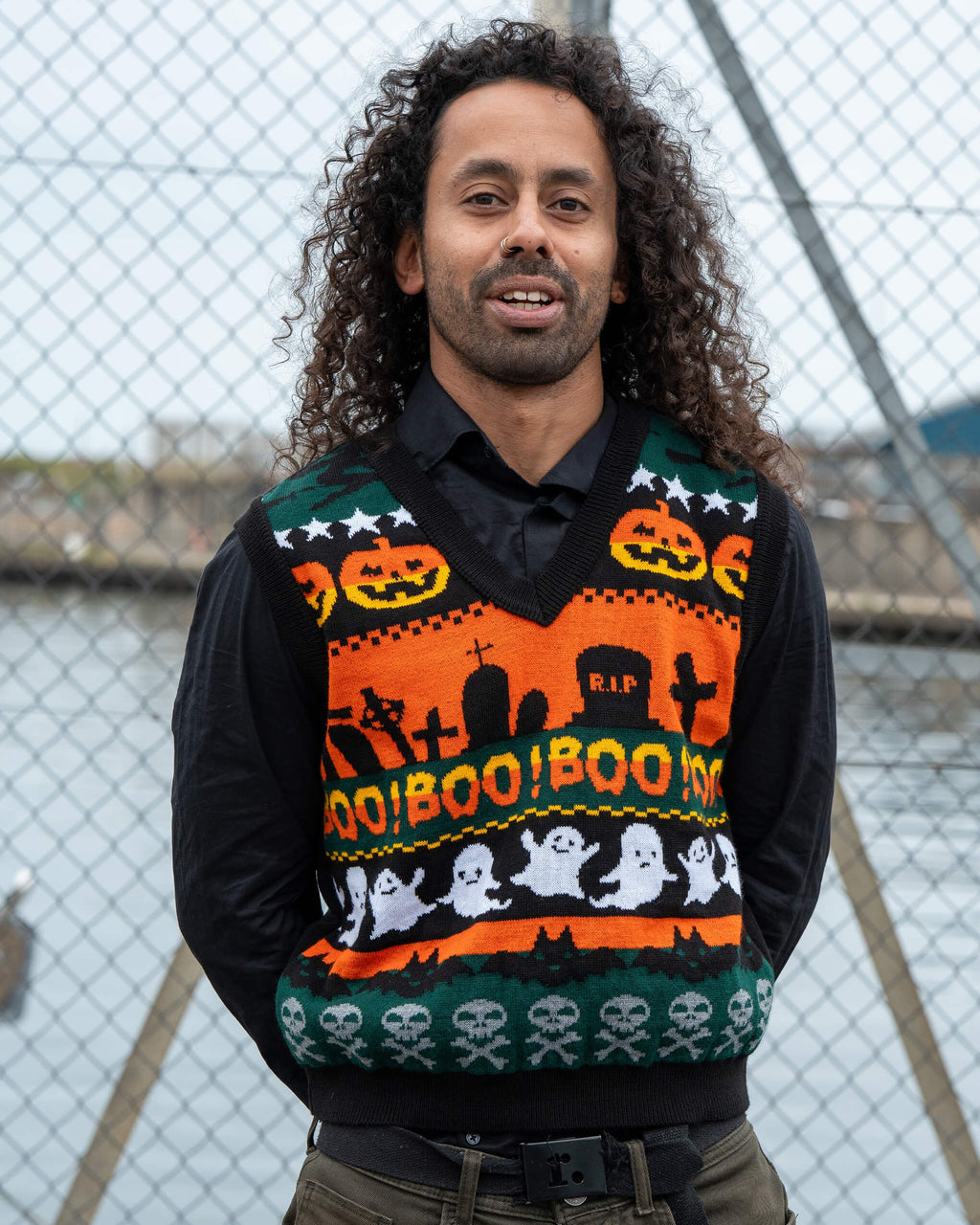 Boo! Spooky V Neck Tank Top Sweater Vest by Run and Fly