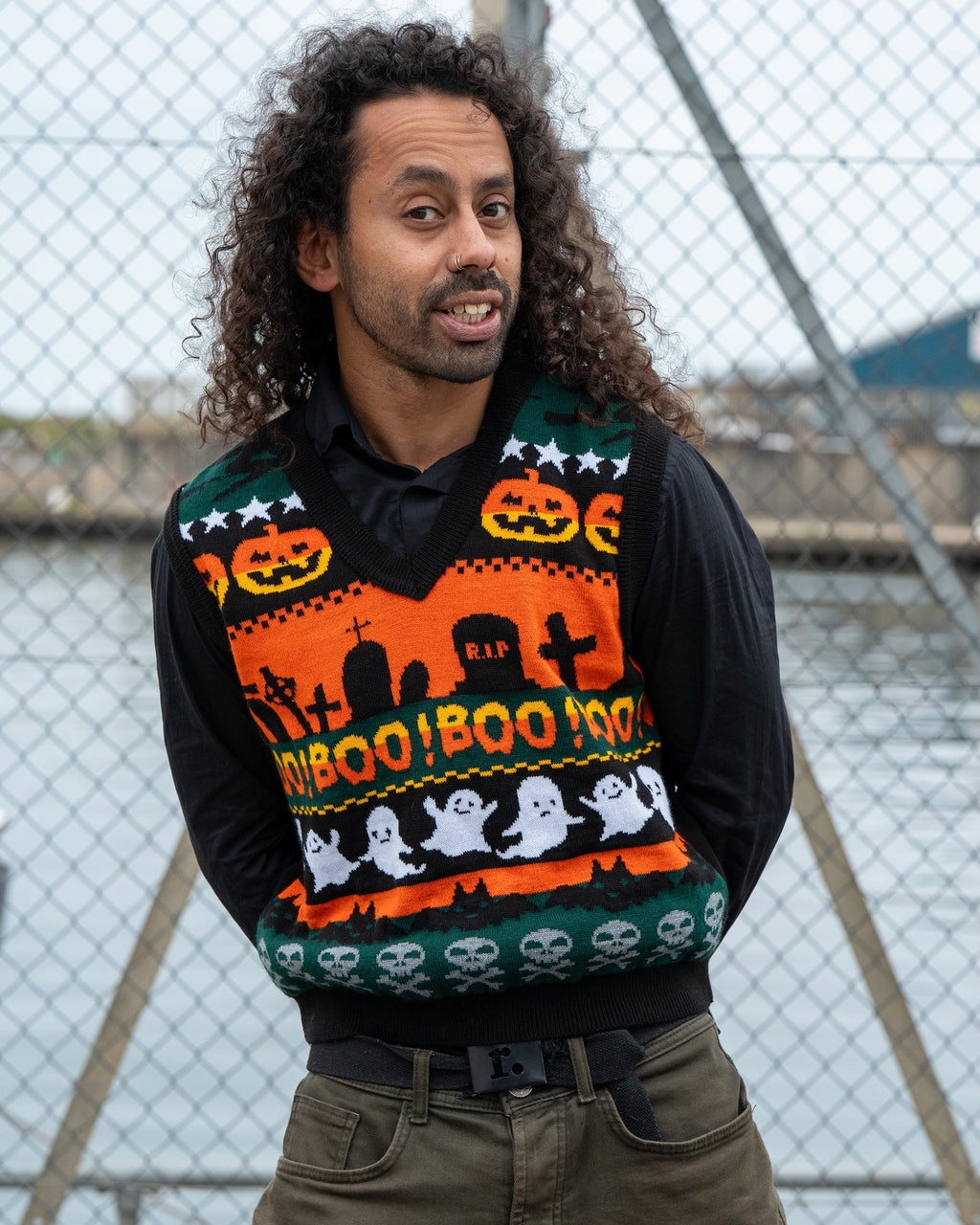 Boo! Spooky V Neck Tank Top Sweater Vest by Run and Fly