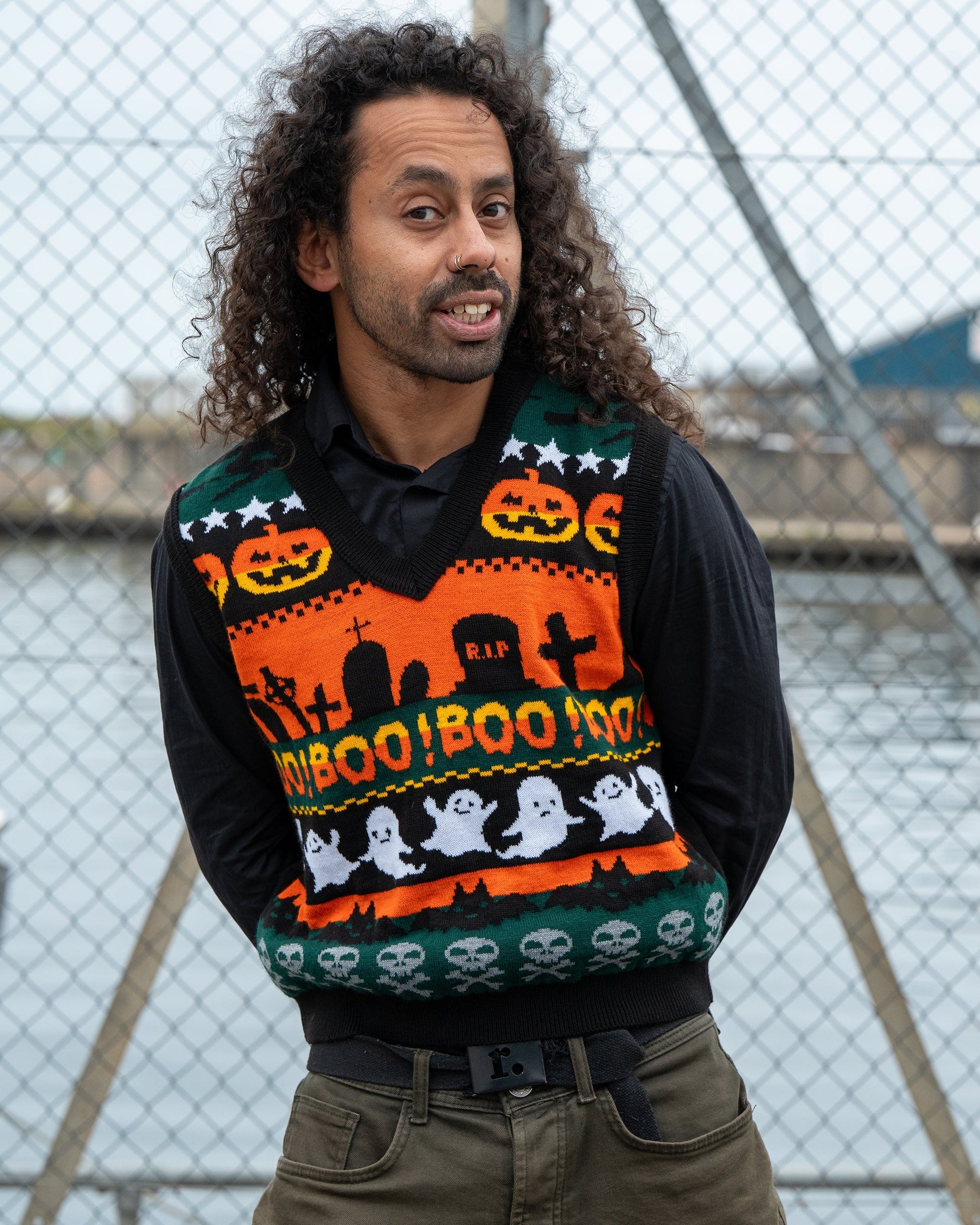 Boo! Spooky V Neck Tank Top Sweater Vest by Run and Fly