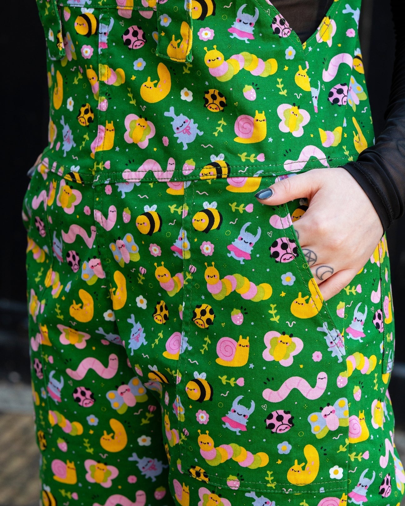 Bugs Print Stretch Cotton Dungarees by Rebel Romance