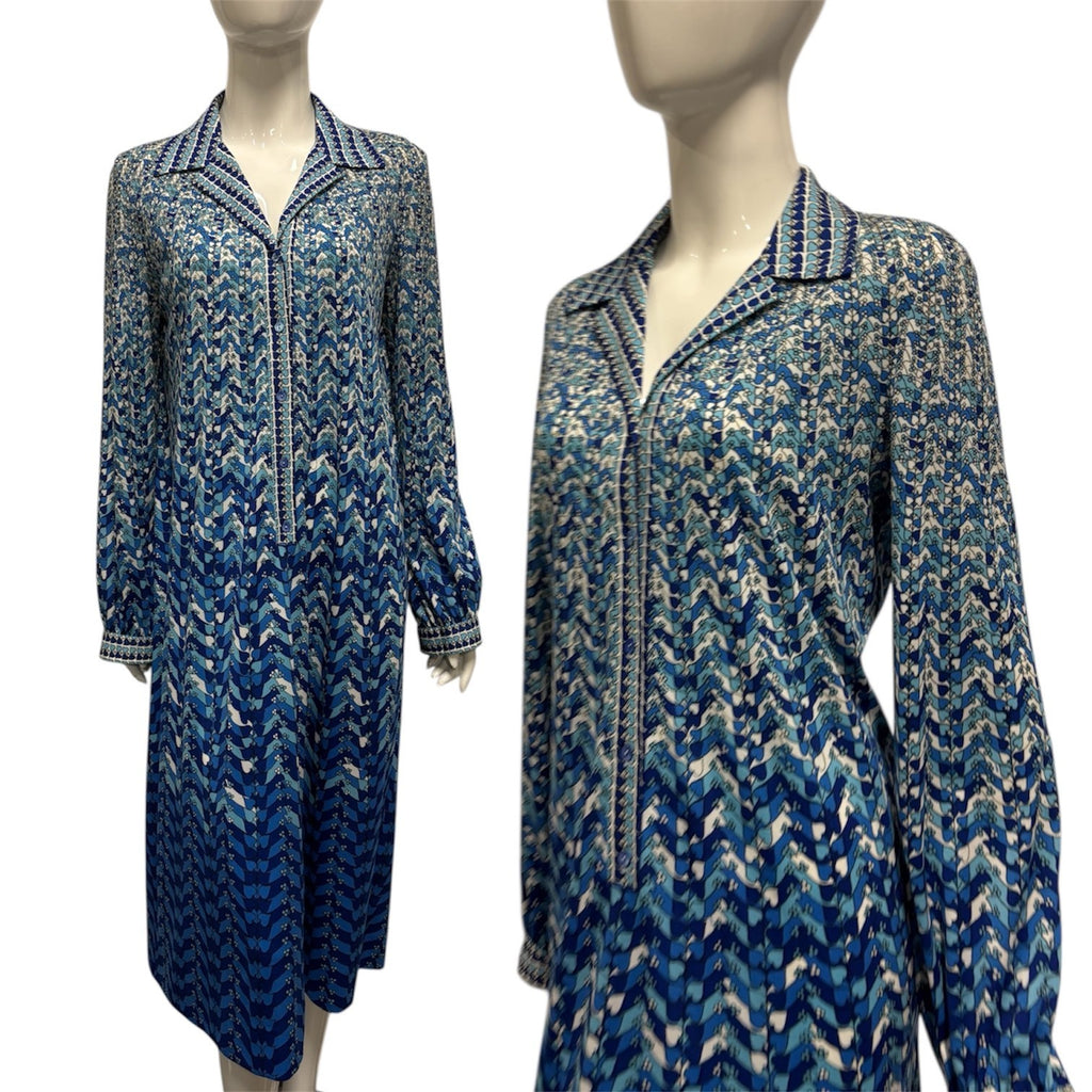 Vintage 60's 70's Dress 14 Blue Patterned Shirt Midi Mod True Retro Geometric