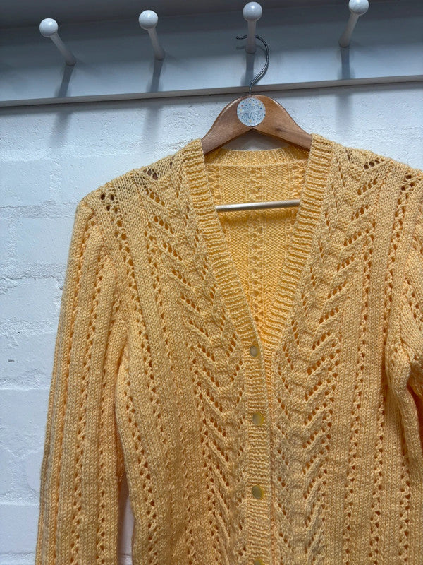 Vintage Yellow Cardigan L Hand Knit Cable Chunky Cosy