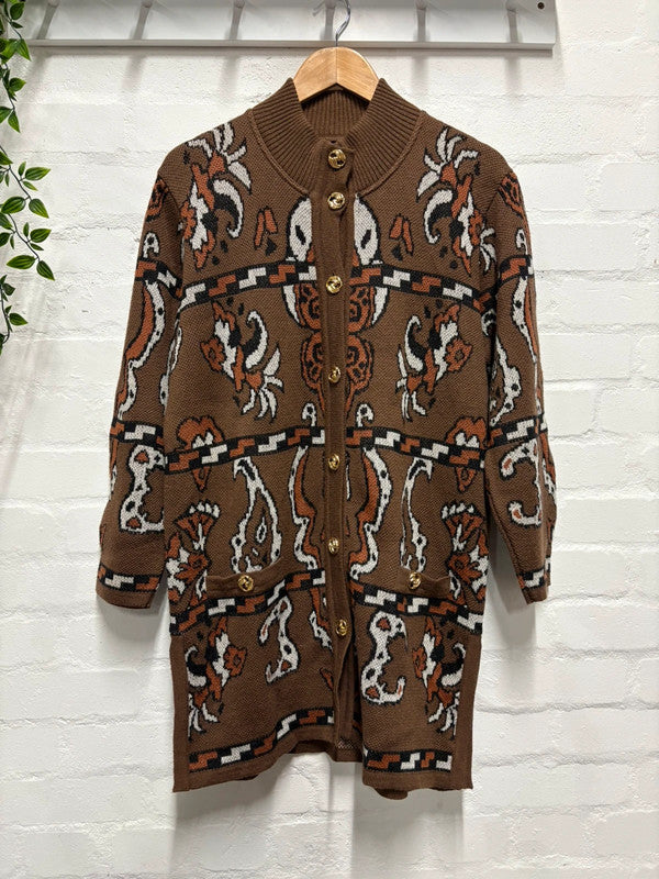 Vintage 80's Brown Patterned Long Cardigan 14 16 Wool Blend