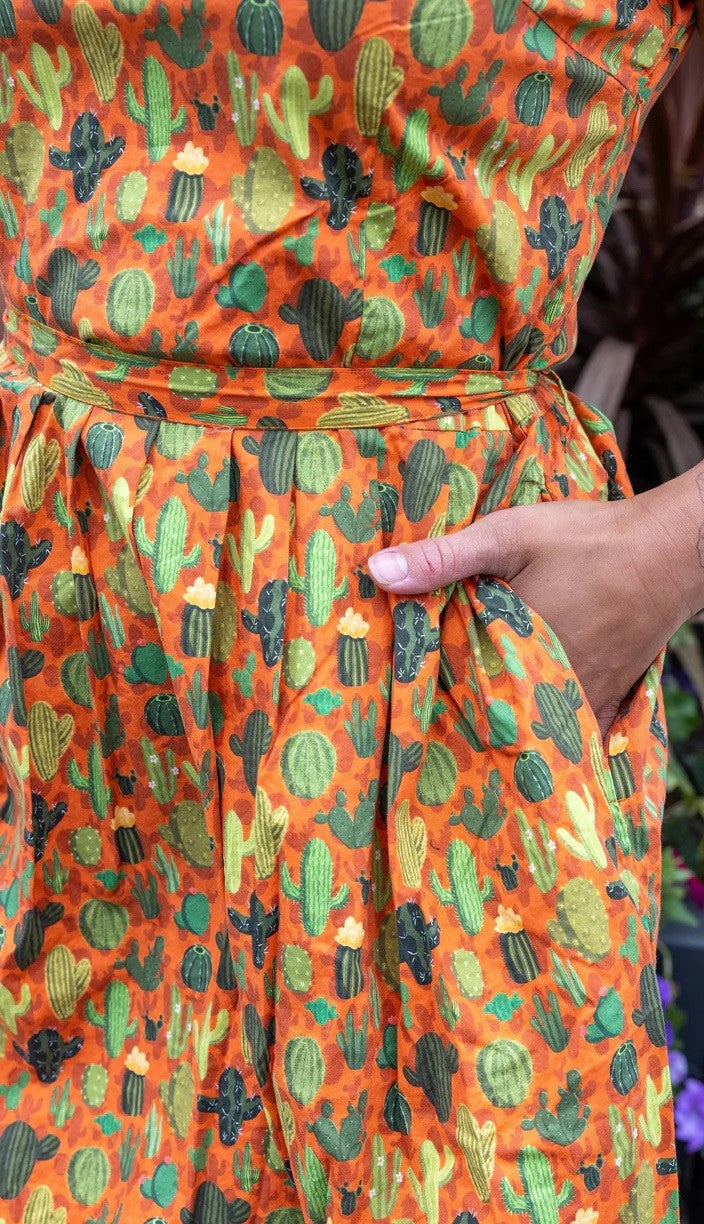 Orange Cactus Print Cotton Tea Dress with Pockets by Run and Fly