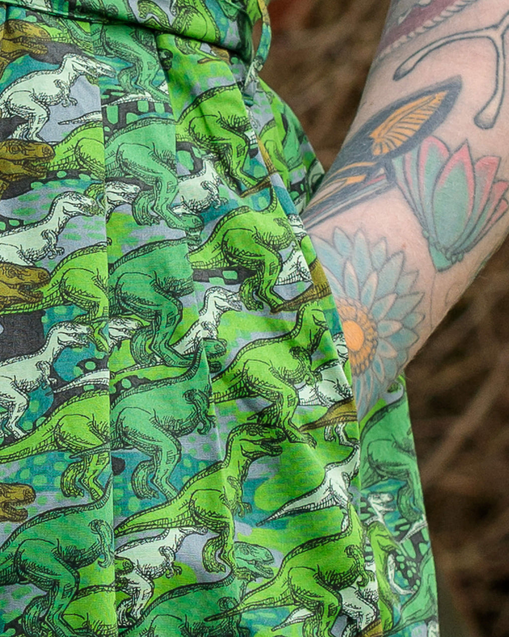 Camo Dinosaur Print Cotton Tea Dress with Pockets by Run and Fly