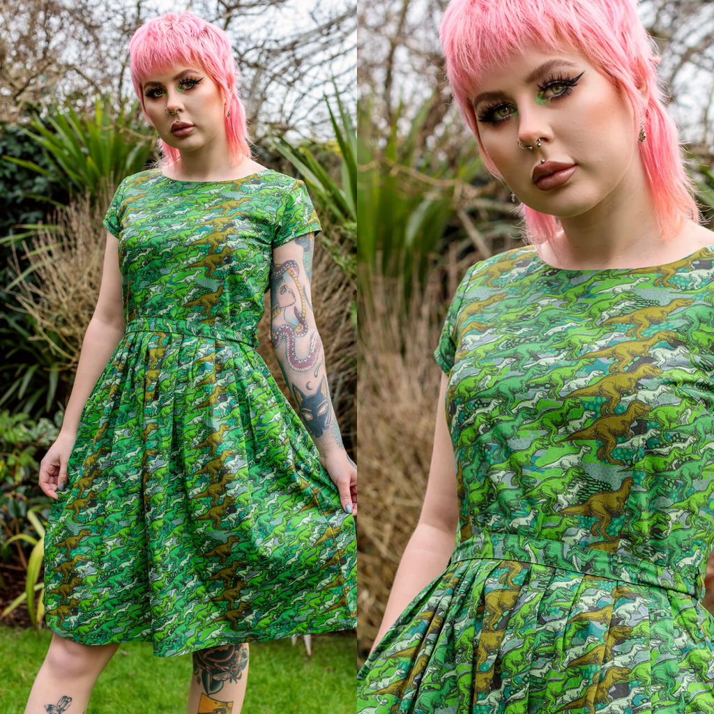 Camo Dinosaur Print Cotton Tea Dress with Pockets by Run and Fly