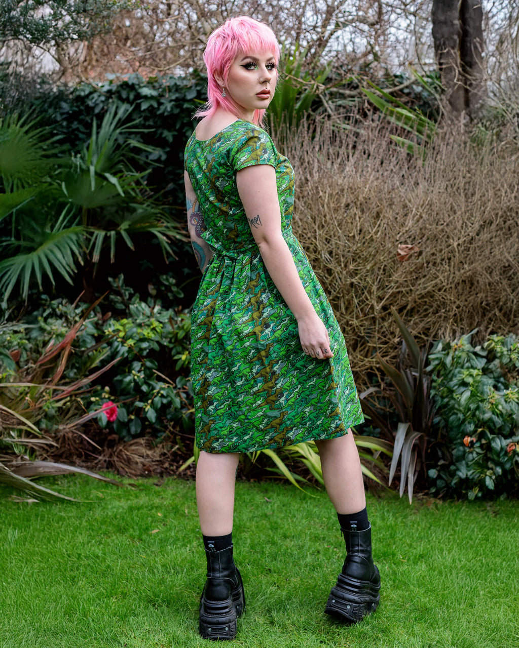 Camo Dinosaur Print Cotton Tea Dress with Pockets by Run and Fly