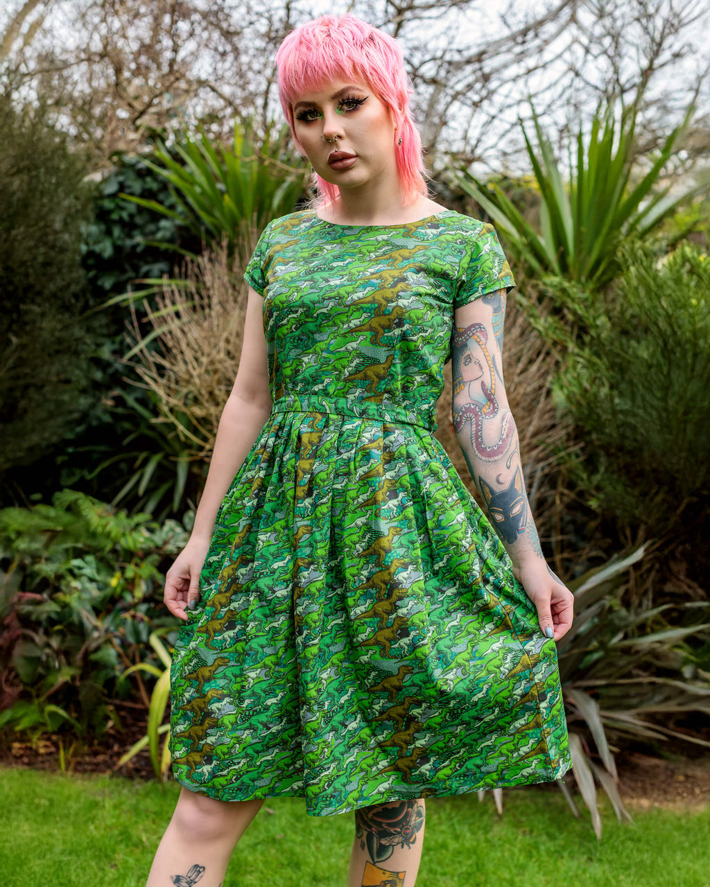 Camo Dinosaur Print Cotton Tea Dress with Pockets by Run and Fly