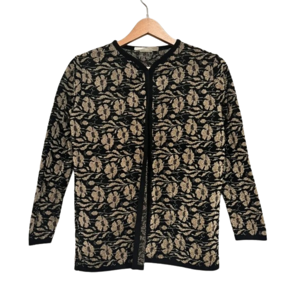 Vintage Cardigan 60’s 70’s 12-14 Black Gold Floral Mod Retro True