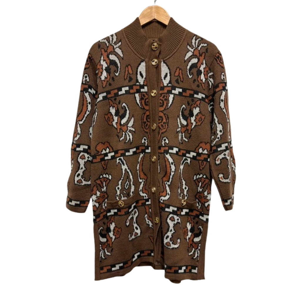 Vintage 80's Brown Patterned Long Cardigan 14 16 Wool Blend