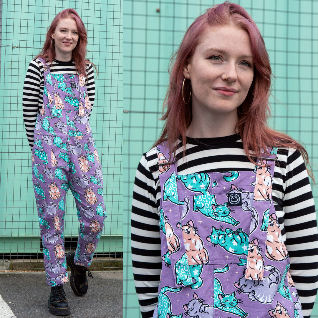 Purrfect Cats Print Stretch Cotton Dungarees by Rebel Romance