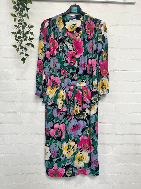 Vintage Dress 12 14 80’s Pink Floral Print Tropical Midi Retro