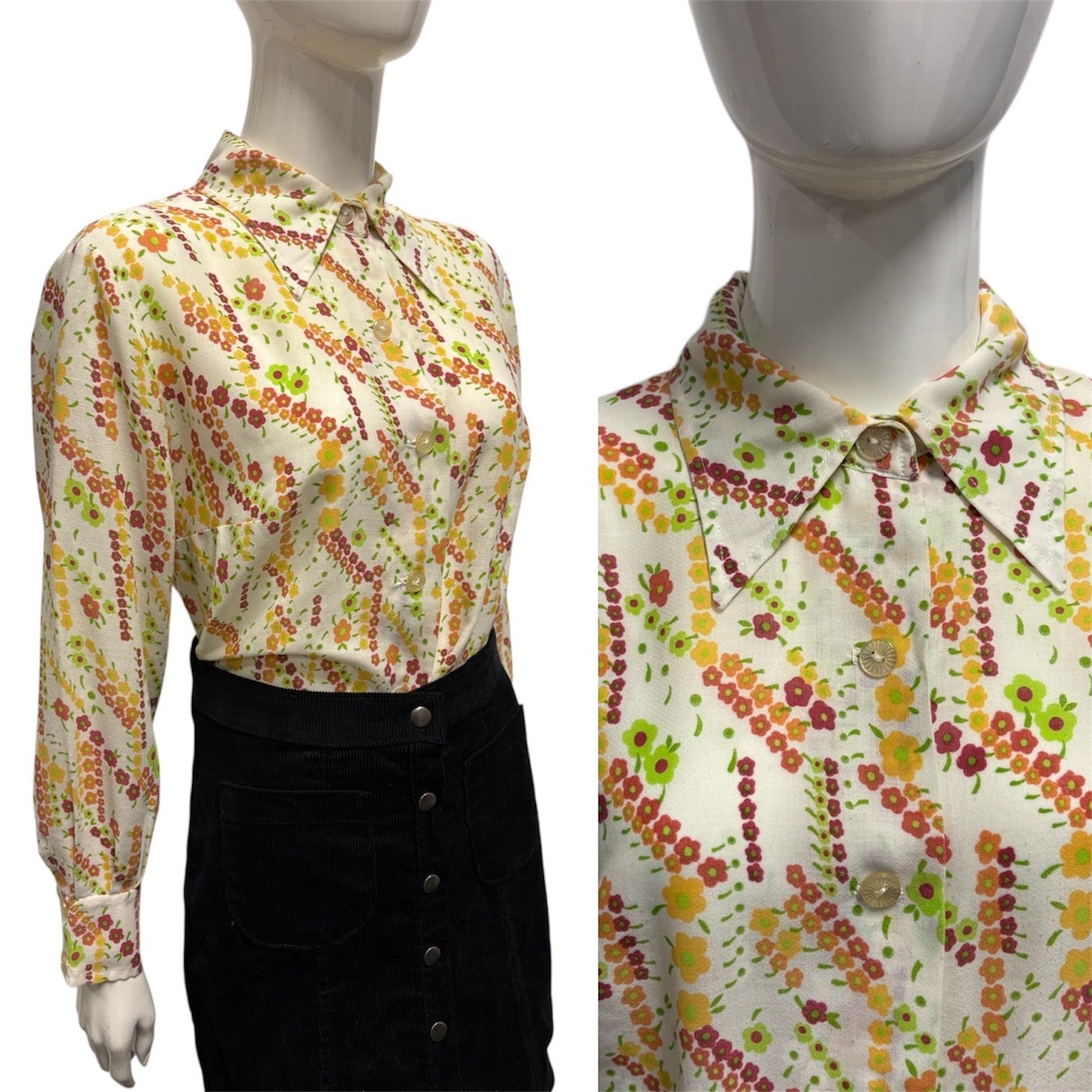 Vintage 70's Print Blouse Shirt Sharp Pointy Collar 12 14 Floral Mod True Cream