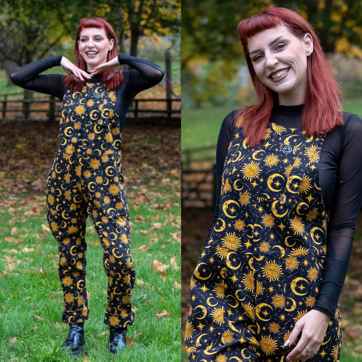 Celestial Sun and Moon Print Stretch Cotton Dungarees by Rebel Romance