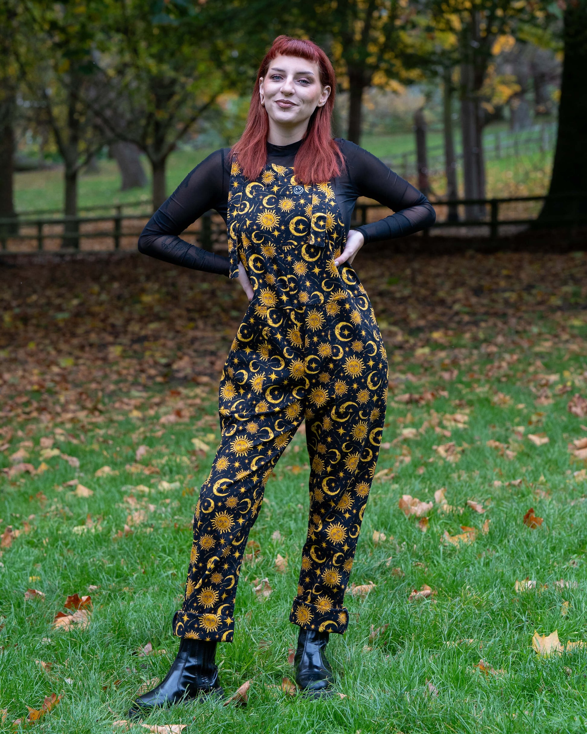 Celestial Sun and Moon Print Stretch Cotton Dungarees by Rebel Romance
