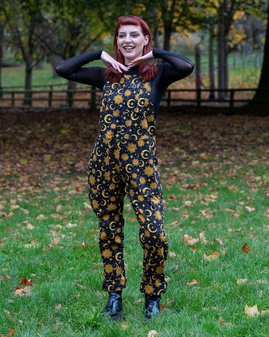 Celestial Sun and Moon Print Stretch Cotton Dungarees by Rebel Romance