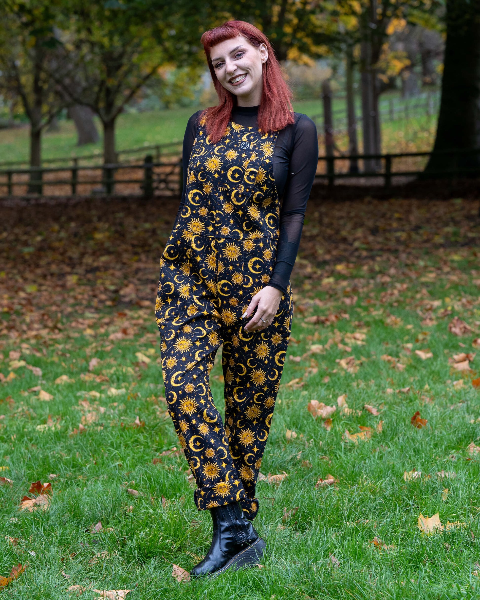 Celestial Sun and Moon Print Stretch Cotton Dungarees by Rebel Romance