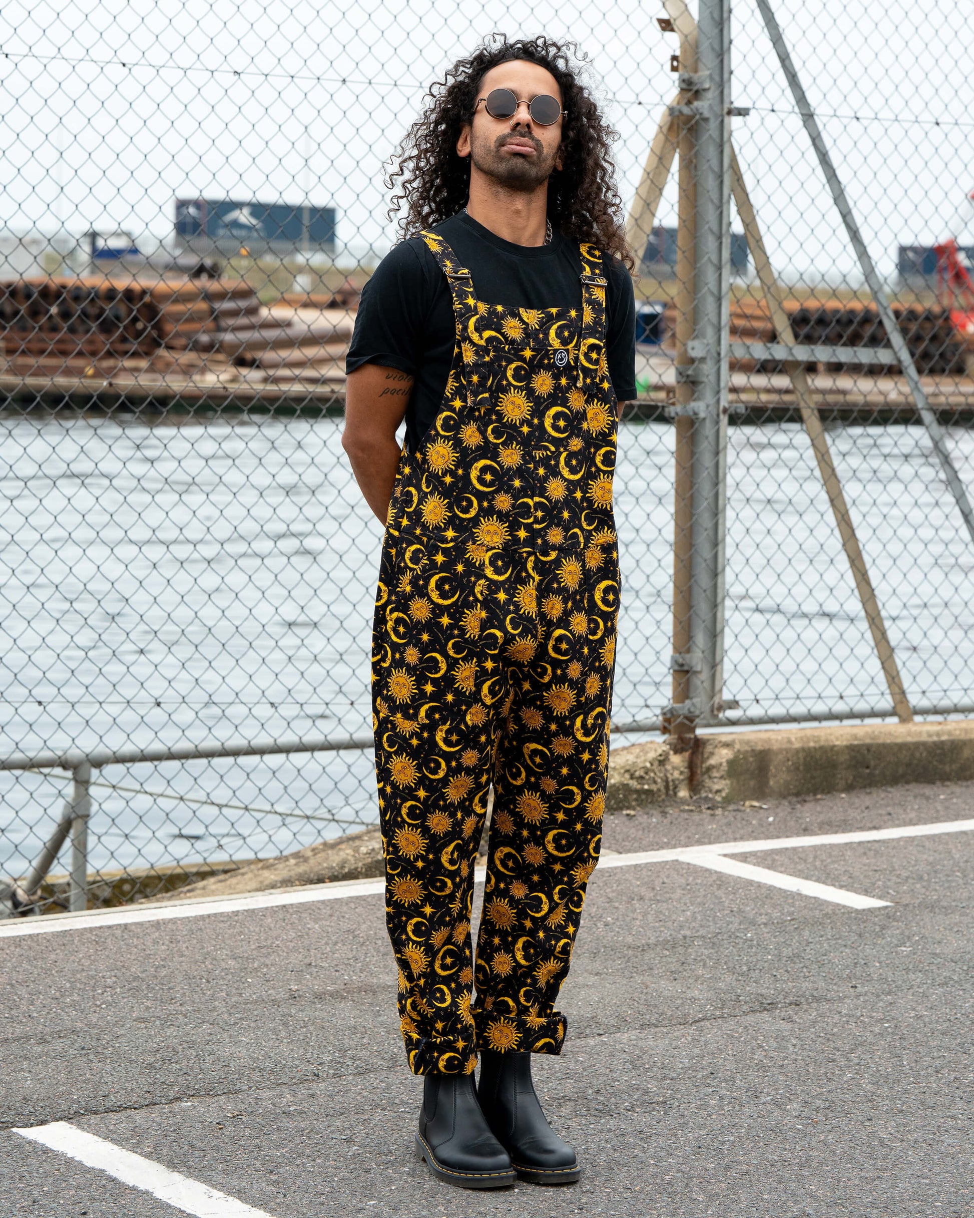 Celestial Sun and Moon Print Stretch Cotton Dungarees by Rebel Romance