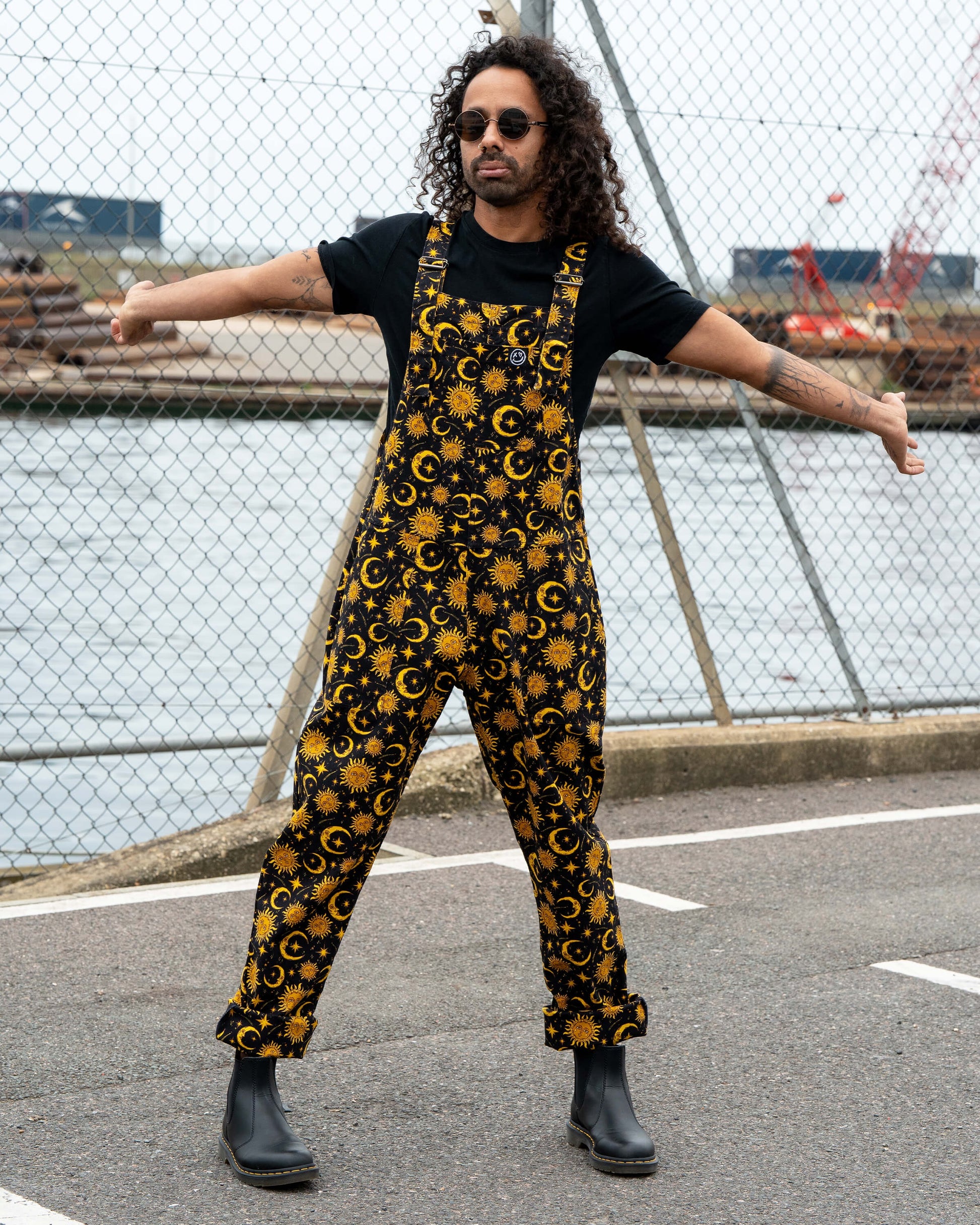 Celestial Sun and Moon Print Stretch Cotton Dungarees by Rebel Romance