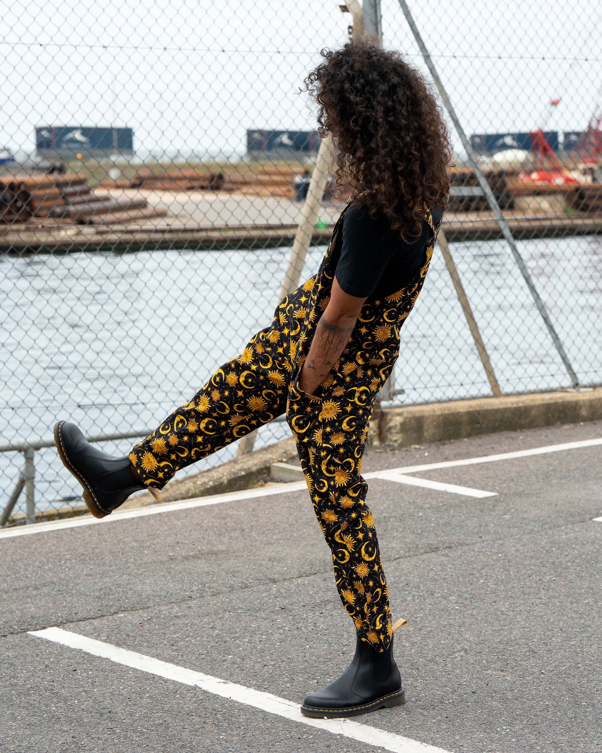 Celestial Sun and Moon Print Stretch Cotton Dungarees by Rebel Romance