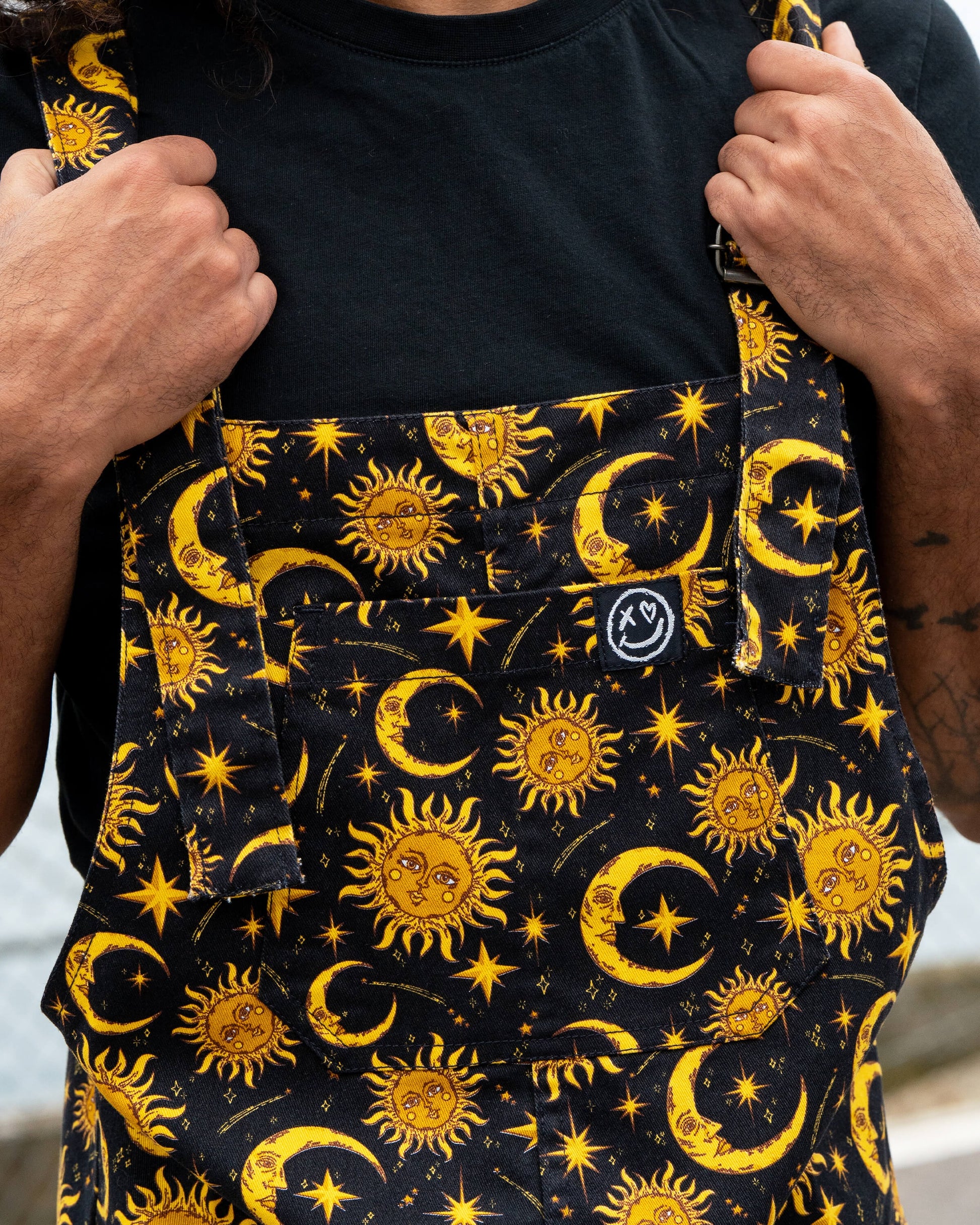 Celestial Sun and Moon Print Stretch Cotton Dungarees by Rebel Romance