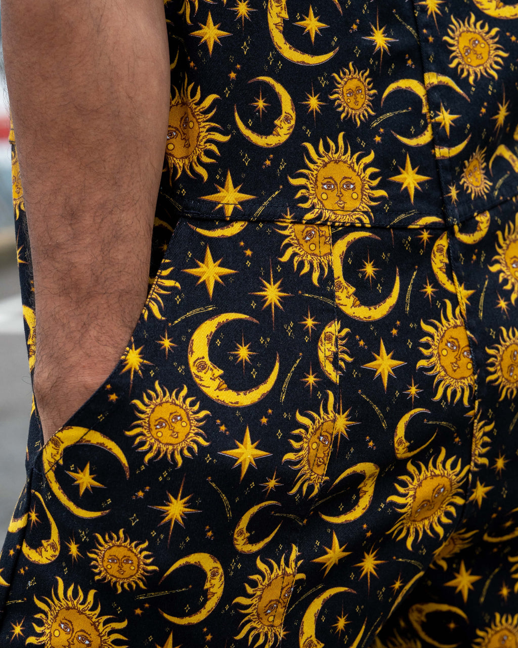 Celestial Sun and Moon Print Stretch Cotton Dungarees by Rebel Romance