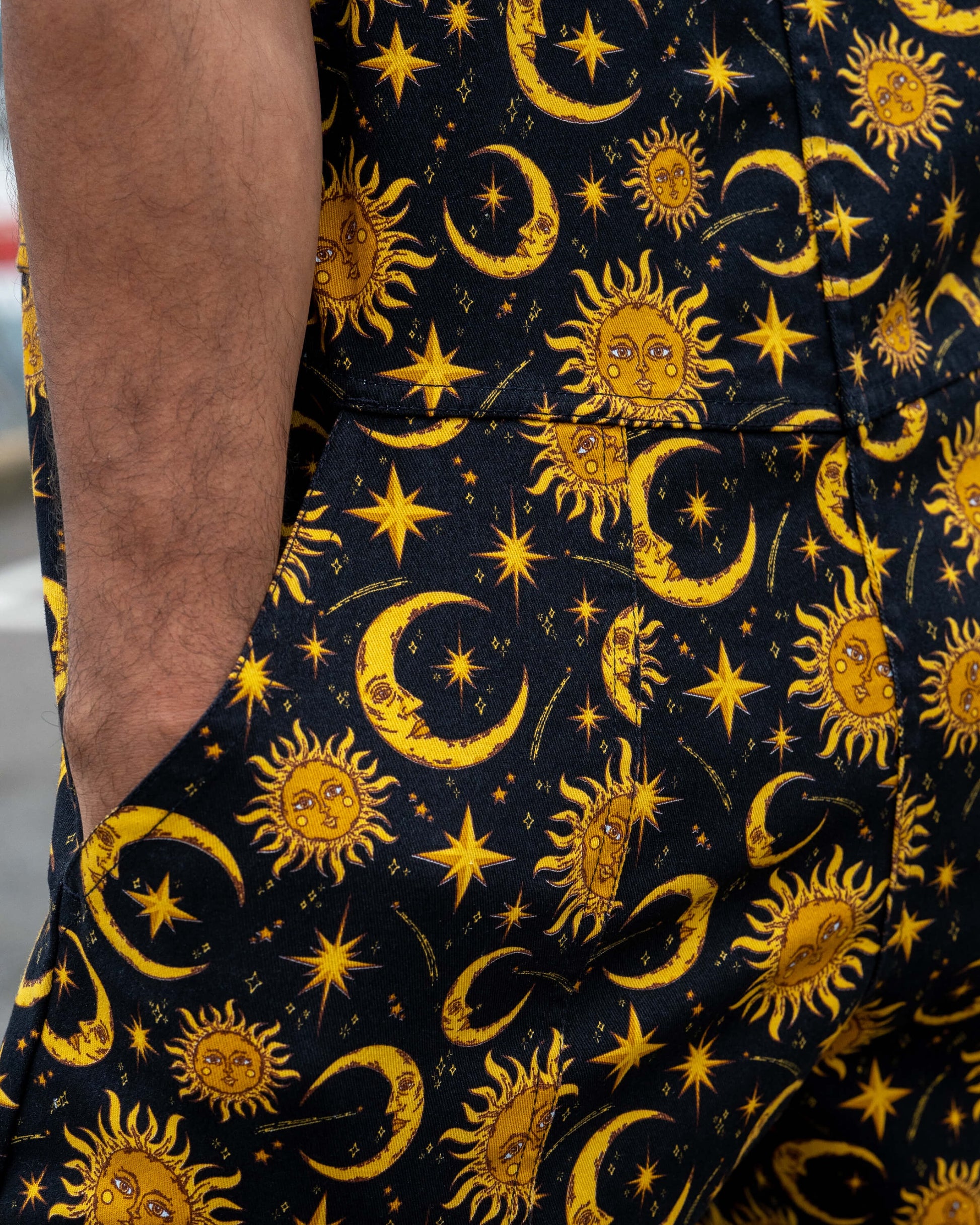 Celestial Sun and Moon Print Stretch Cotton Dungarees by Rebel Romance